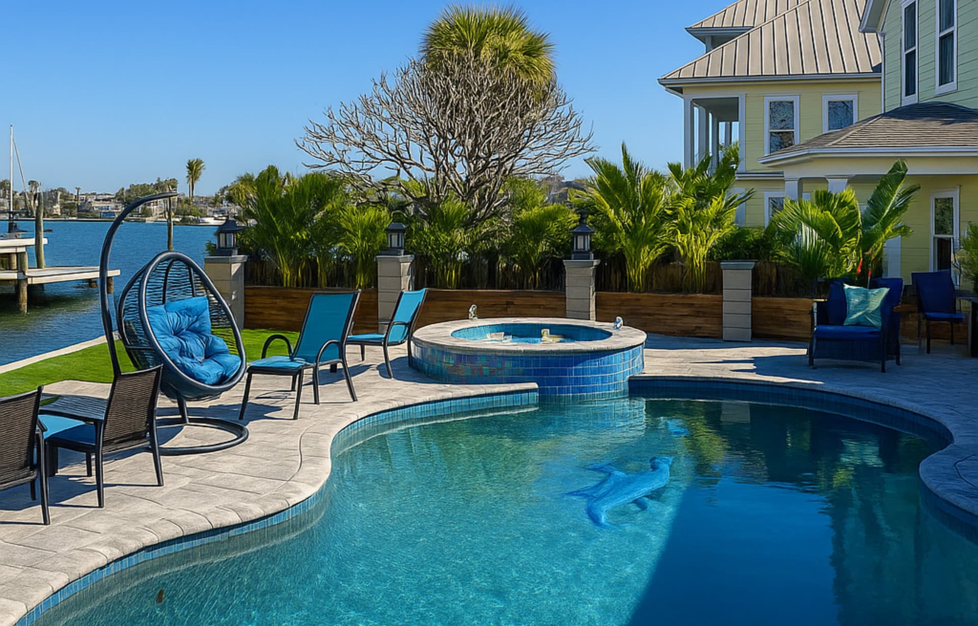 Crystal clear luxury waterfront pool with spa after professional deep cleaning service - Pinellas County